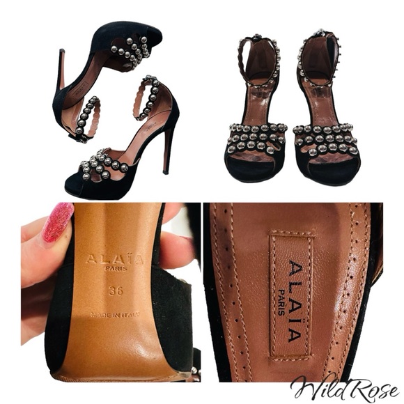 Alaia Black Suede Studded Ankle Strap Sandals Heels Size 36 - Picture 16 of 16